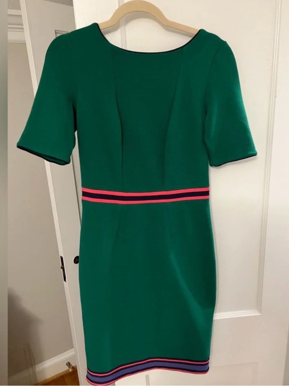 Blumarine Emerald Green Midi Dress with Pink and Navy Trim